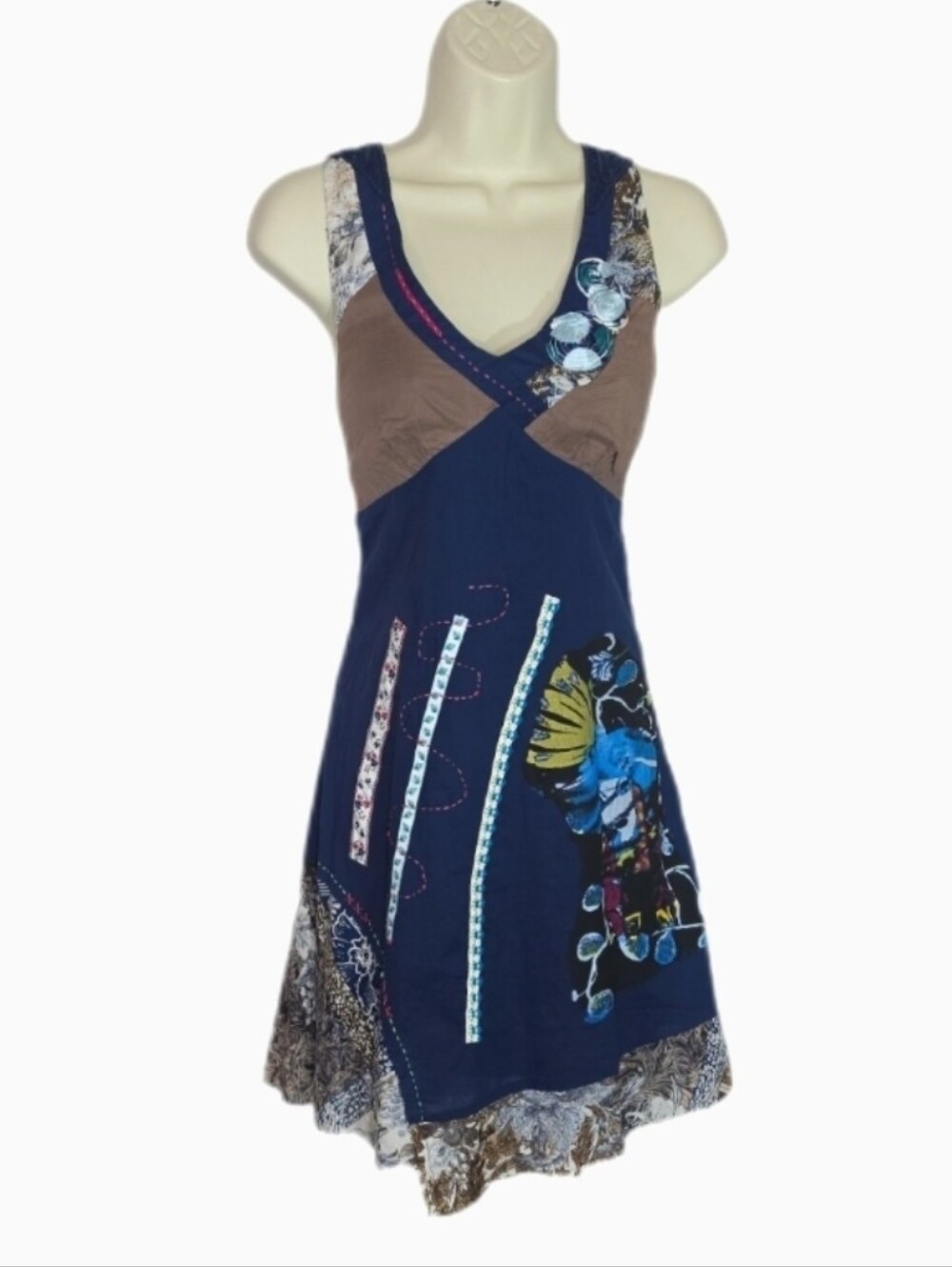Toi Et Moi Dress Floral Embroidered Sleeveless Boho Patchwork Blue Size S - Picture 13 of 13